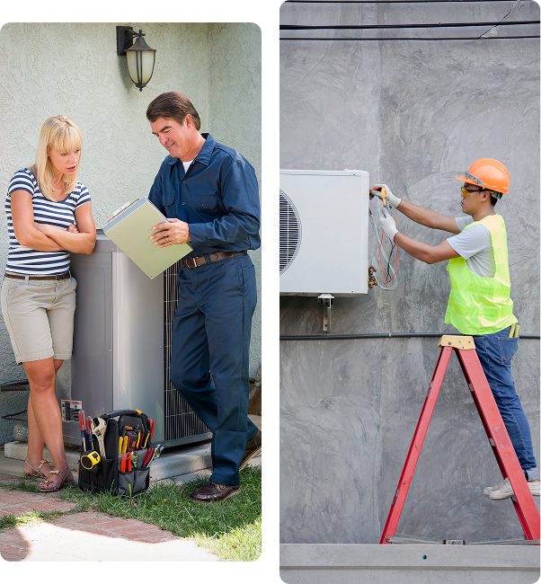 Technicians installing and discussing air conditioning units.